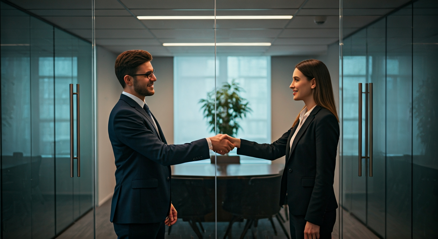 two professionals in business attire shaking hands in a glass-walled conference room, no text