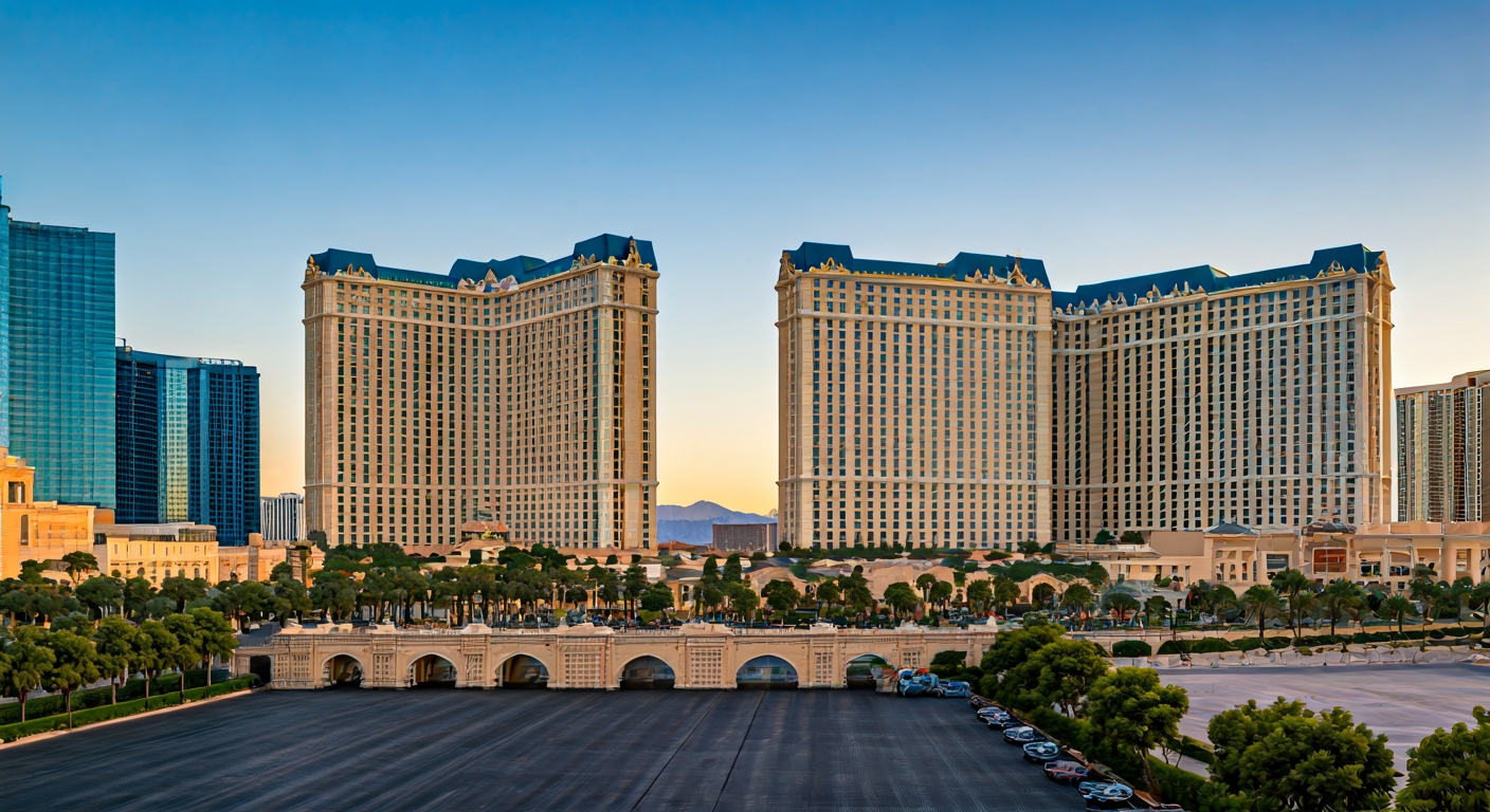 Las Vegas skyline at golden hour, business district, wide shot