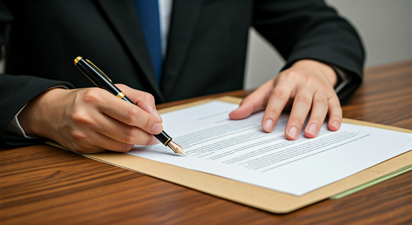 hands signing legal documents on a wooden desk, fountain pen, manila folders, close-up